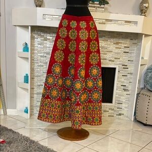 Embroidered Red flowy boho mirror work Maxi Skirt size XL